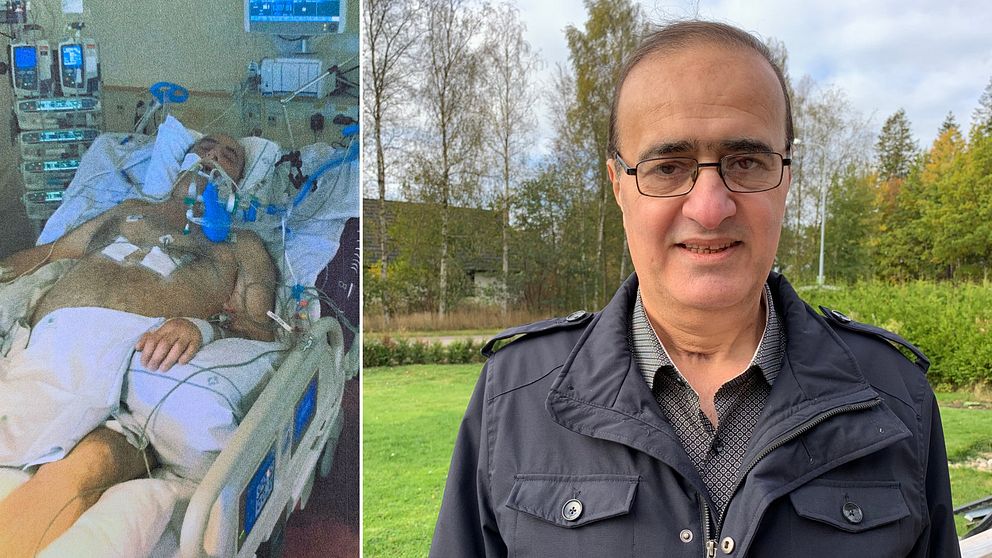 Till vänster Nabeel Faeq Mahdi när han låg i respirator. Till höger Nabeel Faeq Mahdi i dag och numera frisk.
