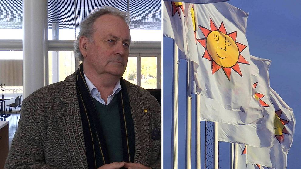Två bilder. Per-Samuel Nisser till vänster och flaggor med Karlstad kommuns logotyp, solen, till vänster.