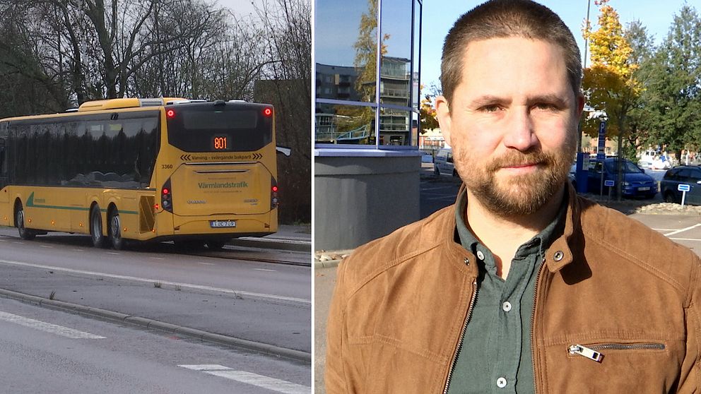 Till vänster buss 801 på vägen, till höger regionrådet Jesper Johansson (MP).