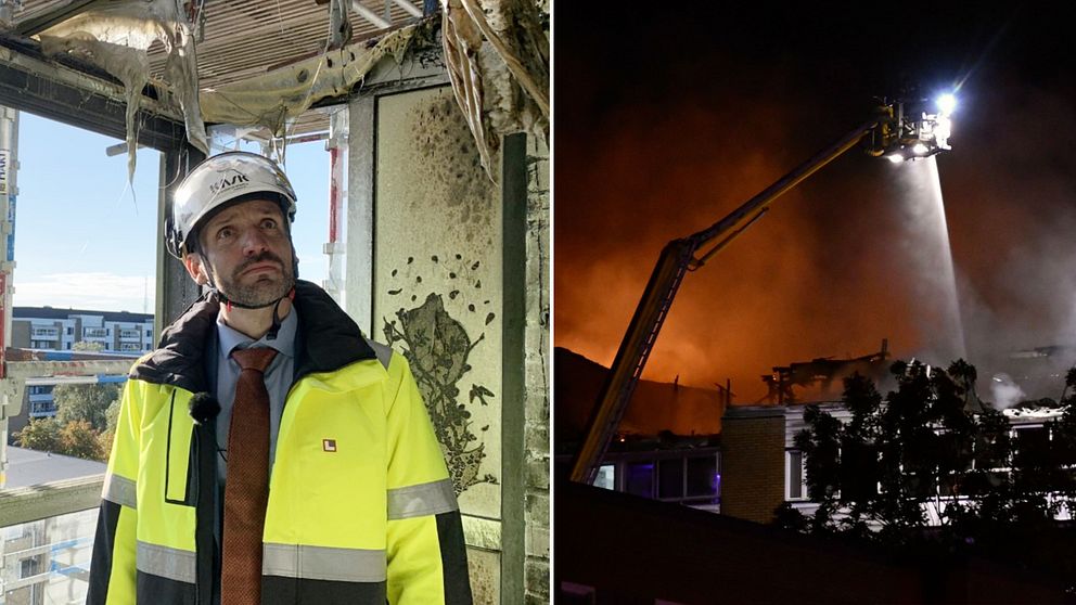 Till vänster Landskronahems vd Mikael Forsberg i ett av de brandskadade husen på Koppargården. Till höger bild från räddningstjänstens släckningsarbete vid brandkvällen.