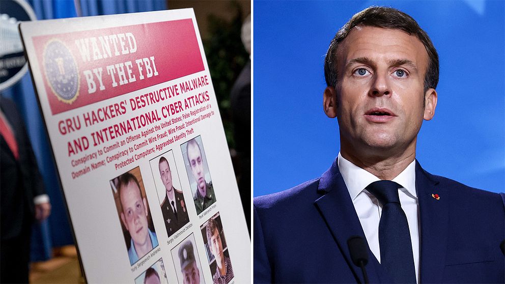 FBI:s bilder på de sex misstänkta ryska underrättelseagenterna/Frankrikes president Emanuel Macron