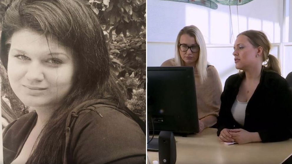 Till vänster bild på Jennie Tholander. Till höger bild på Johanna Clausen och Ida Jönsson sittandes vid en datorskärm.