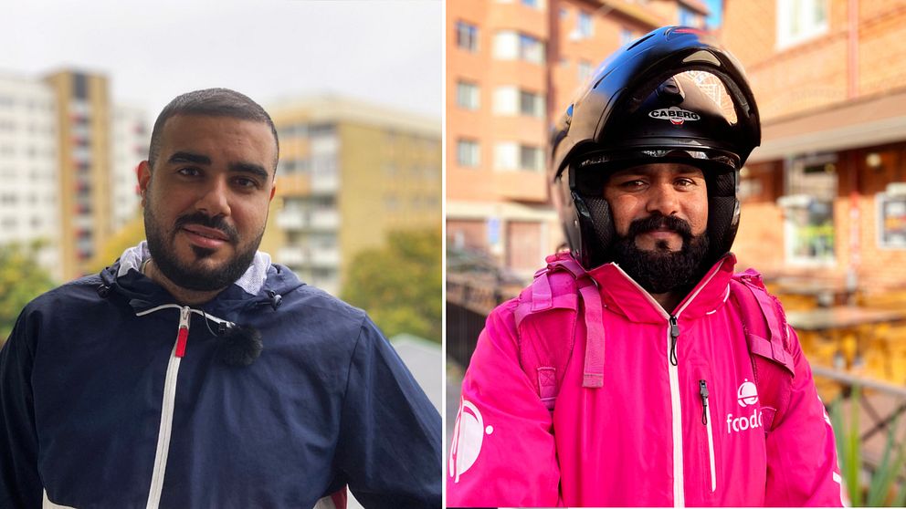 Till vänster Chamdin Alnader ståendes utomhus med lägenhetshus ur fokus i bakgrunden. Till höger Muhammed Quadeer, iklädd Foodora-jacka och mopedhjälm, ståendes med en restaurang och uteservering i bakgrunden.