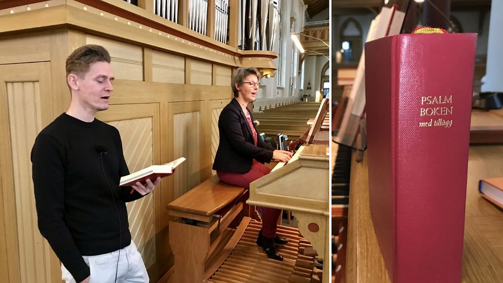 Två organister spelar och sjunger i montage med en bild på en psalmbok.
