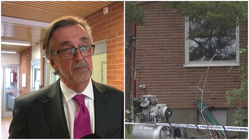 Advokat Gunnar Falk och huset där en man hittades mördad 2015.