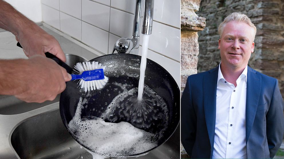 Bilden är ett collage. Den vänstra bilden föreställer ett par händer som diskar en diskpanna under en rinnande vattenkran. Den högra bilden är en porträttbild på Borgholm Energis vd Markus Wertwein-Ros.