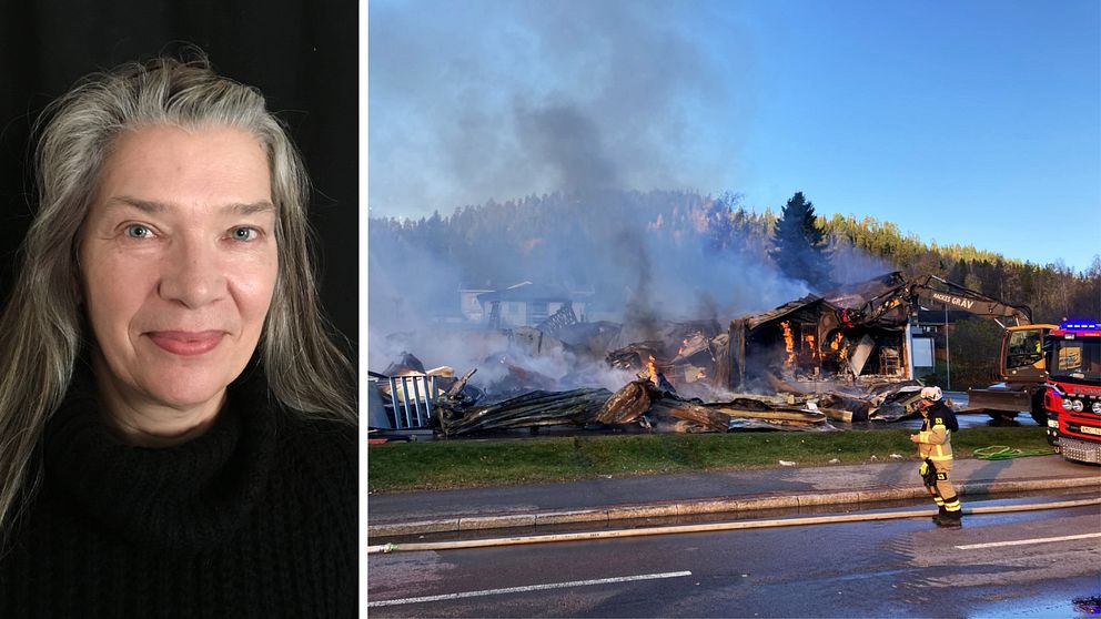 Bilden är ett collage i två delar med lodrät avskiljare. Vänster del: Porträttfoto på Annette Santsen, representant för Postnord. Höger del: En brandman står framför en nedbrunnen byggnad.