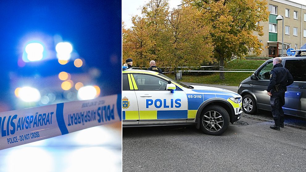 Bilden visar en polisbil med blåljus och ett avspärrningsband samt en utryckning där ett misstänkt farligt föremål hittats på Von Linges väg på Rosengård i Malmö.