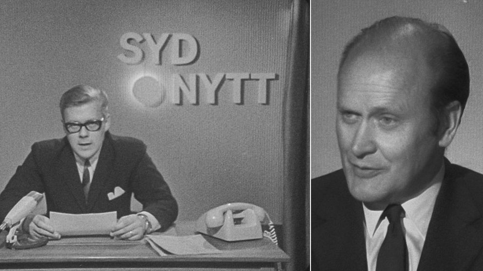 Till vänster programledare Bo Sigheden sittandes vid ett skrivbord med papper i handen och telefon bredvid, och Sydnytts första logga i bakgrunden. Till höger Gunnar Ollén som grundade Sydnytt.