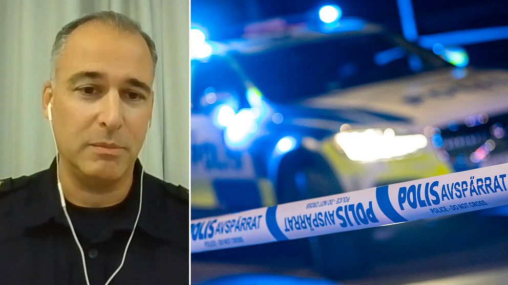 närbild medelålders man i polisskjorta, samt genrebild på polistejp och polisbil med blåljus