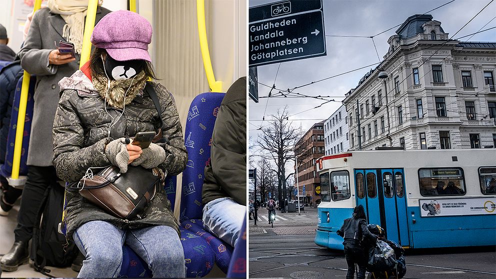 Kvinna med munskydd i Stockholms tunnelbana/spårvagn i Göteborg.