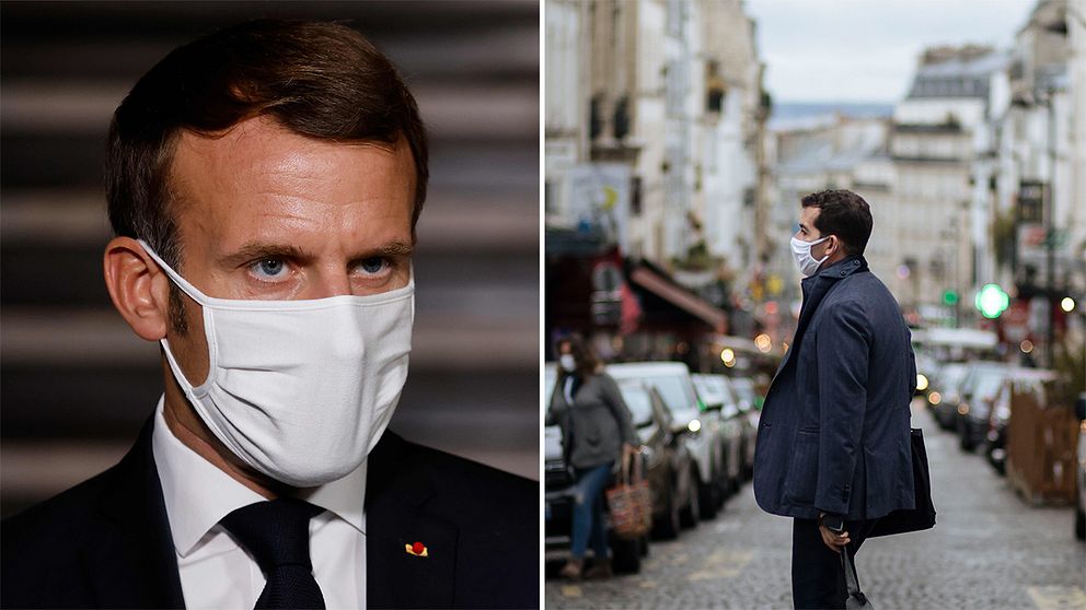 Emmanuel Macron och fotgängare med munskydd i Paris.