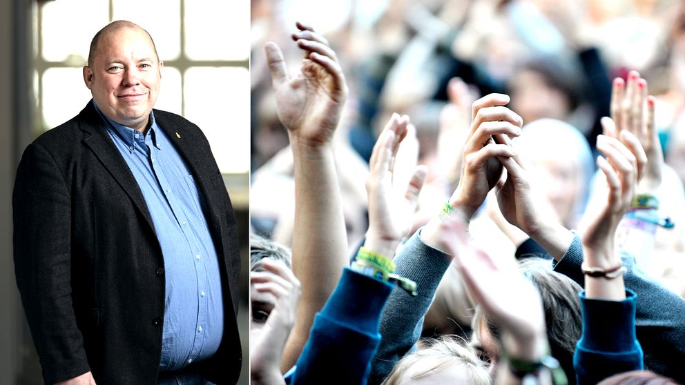 Bilden är ett collage. Den vänstra sidan är en porträttbild på  Jonas Franzén, ordförande i Musikerförbundet för avdelning Mälardalen-Småland. Han har på sig blå skjorta och svart kavaj. Han syns från midjan och uppåt. Den högra bilden föreställer händer i ett publikhav.