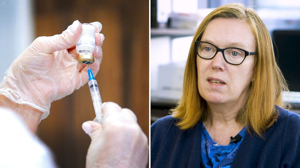 En bild på en spruta som suger upp vaccin ur en flaska, samt en bild på Sarah Gilbert som är forskningsledare på University of Oxford