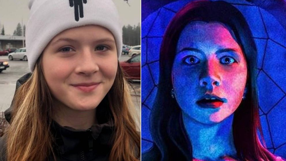 Till vänster: Flicka utan smink i ansiktet med vit mössa, långt brunt hår, hon ler mot kameran. Till höger: samma flicka i blått och rött sken, sminkad för att skådespela i en skräckfilm, hon ser rädd ut.