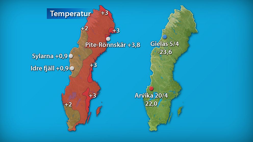 Till vänster månadens medeltemperatur jämfört med referensperioden 1961-1990 (och de stationer som fick störst/minst över/underskott). Till höger månadens högsta och lägsta temperatur.