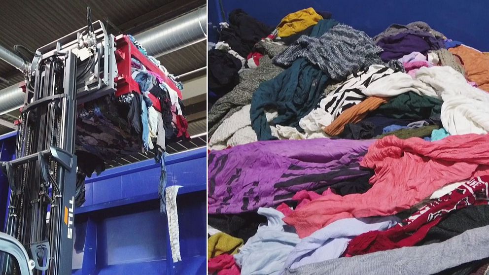 Delad bild. Till vänster: klädhög lyfts med gaffeltruck. Till höger: blandade kläder i container.