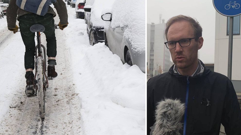 Två bilder. En cyklist på en snöig gata till vänster och Mikael Haster i en intervjusituation till höger.