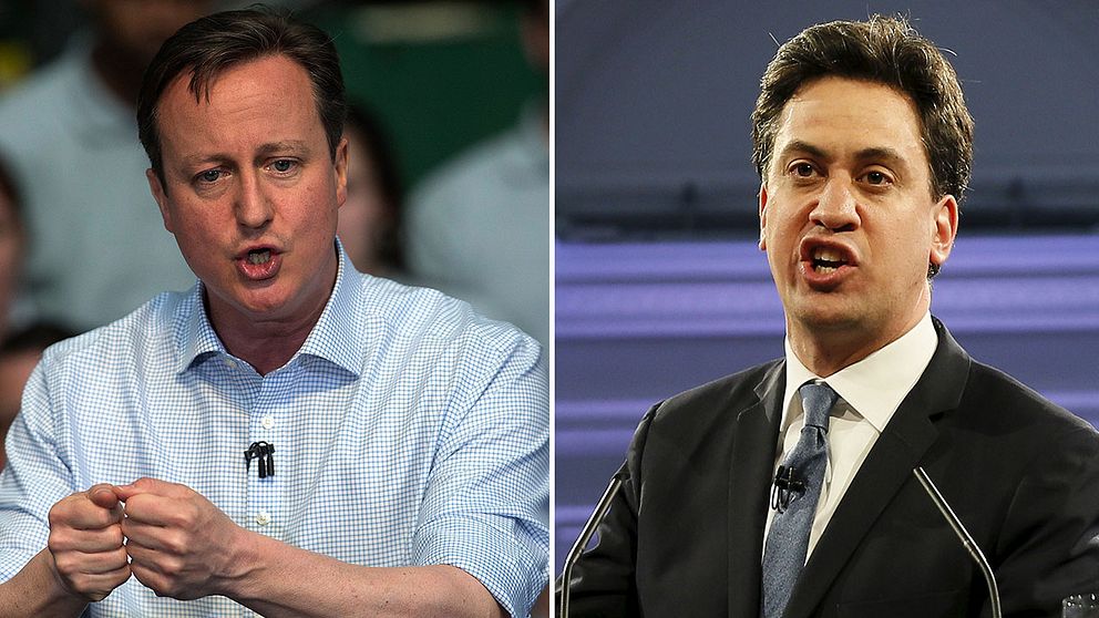 Premiärminister David Cameron, Tories och Labours Ed Miliband.