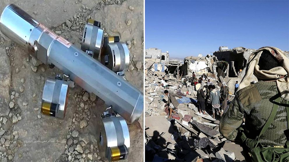 Bilden till vänster, som publicerades av Human Rights Watch, ska visa en behållare tillhörande en klusterbomb som hittats nära byn al-Safraa i norra Jemen.