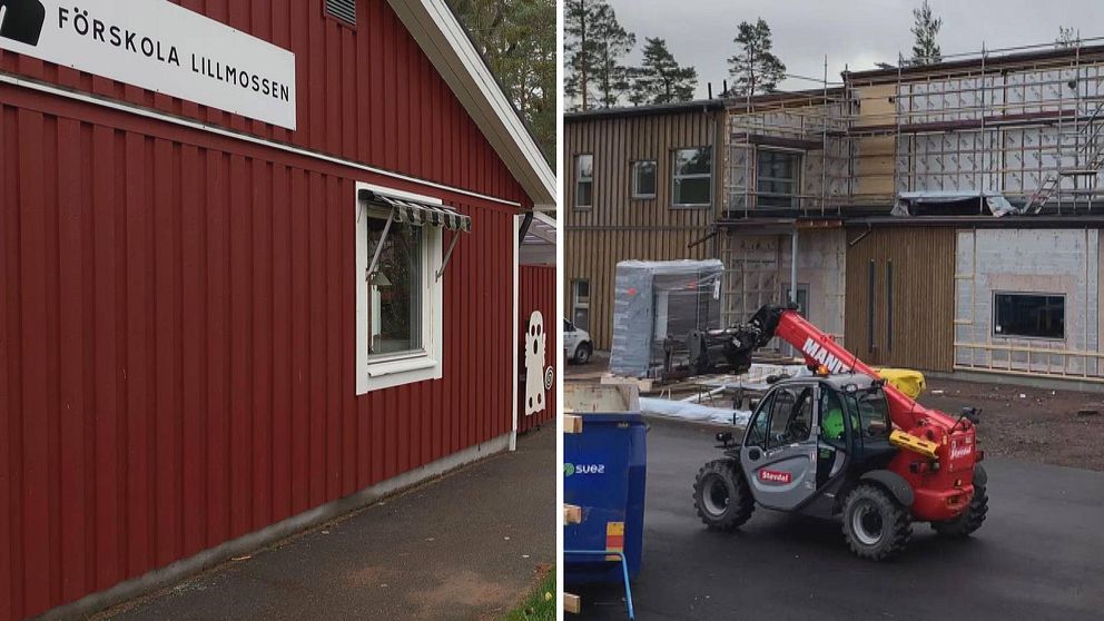 Två bilder. Förskolan Lillmossen till vänster och nybygget Anneberg till höger.