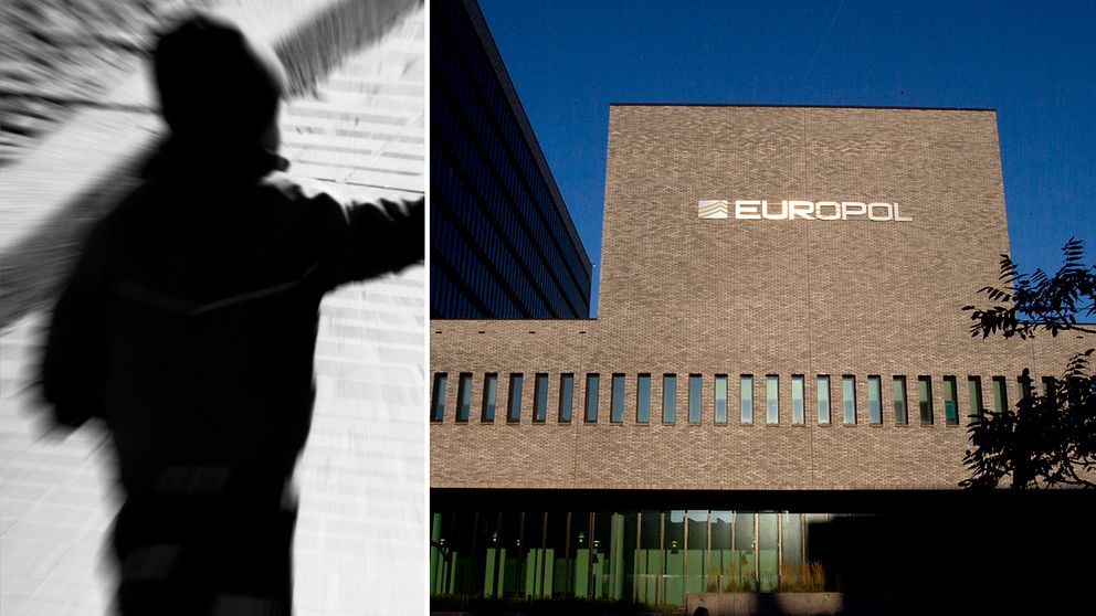 Bilden visar ett barn samt Europols huvudkontor i Haag, Nederländerna.