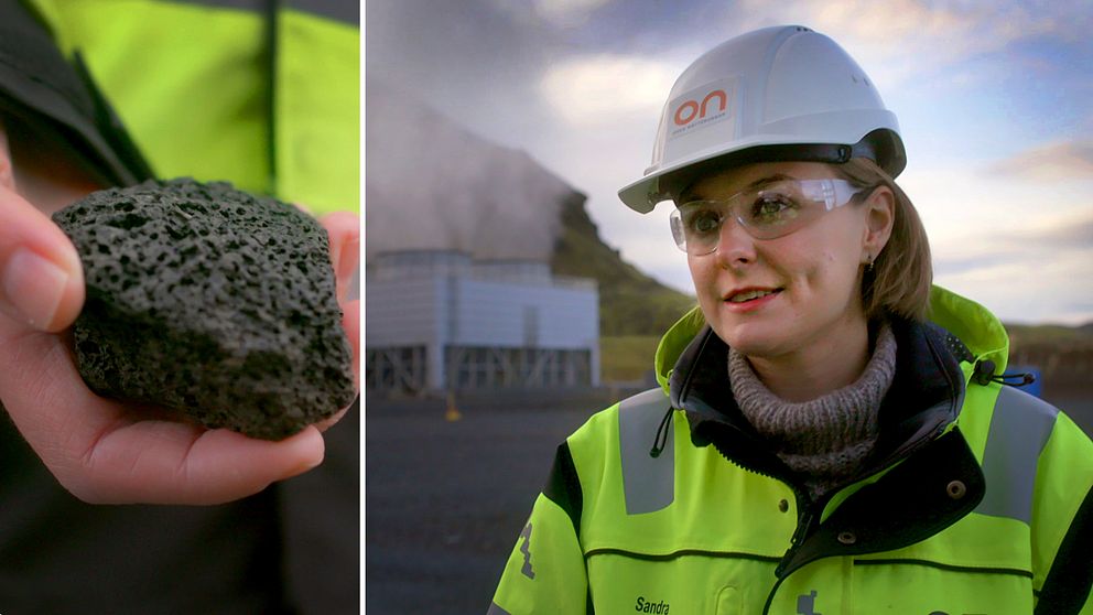 Närbild på en hand som håller i en svart balsaltsten. En bild på den isländska geologen Sandra Snæbjörnsdóttir i hjälm och skyddsglasögon.