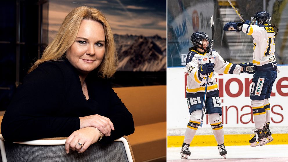 Åsa Edlund Jönsson till vänster. Jublande HV71-spelare till höger.