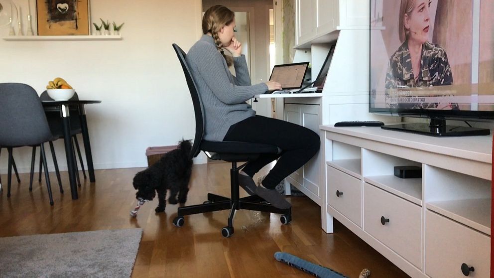 Kvinna sitter framför datorn.