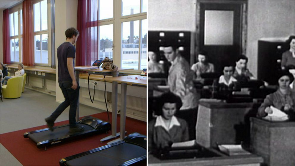 En kollagebild med en bild i ett kontor där en går på ett löpband och en bild där det sitter kvinnor på rad.