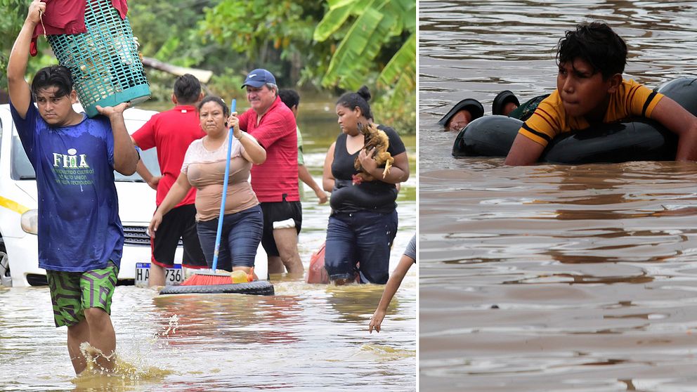 Bilden v isar kvinnor och män som försöker rädda sina ägodelar i staden El Progreso i Honduras. I samhället Planeta försöker ett barn ta sig över en översvämmad gata.
