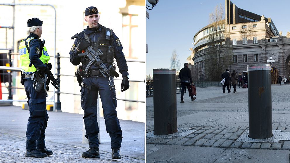 Bilden visar poliser med förstärkningsvapen på Riksbron framför riksdagen på fredagen, efter att polisen beslutat om en nationell särskild händelse med anledning av den senaste tidens misstänkta terrordåd i Europa.