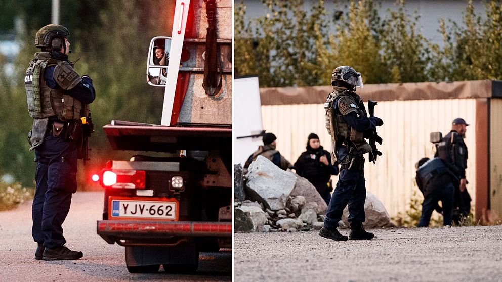 Bilden visar polisen under en insats i finska Borgå, öster om Helsingfors. Sommaren 2019 greps två bröder från Sverige efter de skjutit två finska poliser. Bröderna är nu dömda för mordförsök.