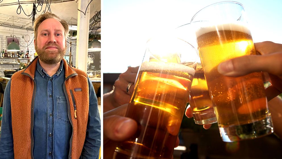 Bilden är ett collage. Den vänstra bilden är en porträttbild på Martin Bergwall Nilsson, krögar i Kalmar. Han har blont hår och skägg. På sig har han en blå jeansskjorta och en orange fleeceväst. I bakgrunden skymtar restaurangmiljö. Den högra bilden föreställer tre glas som ölglas som skålar i solen.