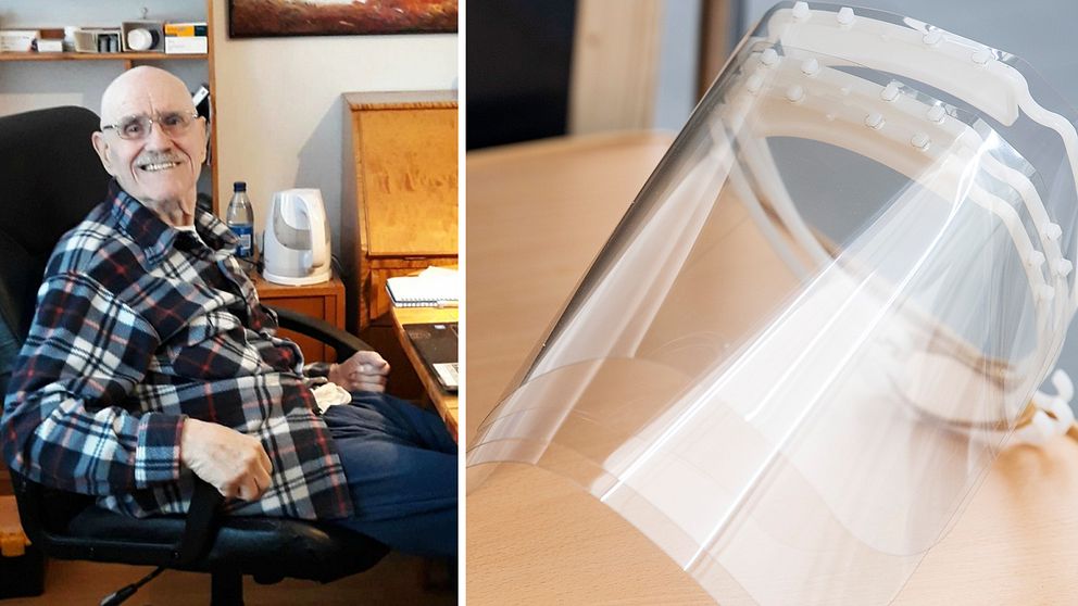 Splitbild. Vänster bildhalva: Foto på Bo Tapper som sitter ned vid ett skrivbord. Höger bildhalva: Tre visir på ett bord.