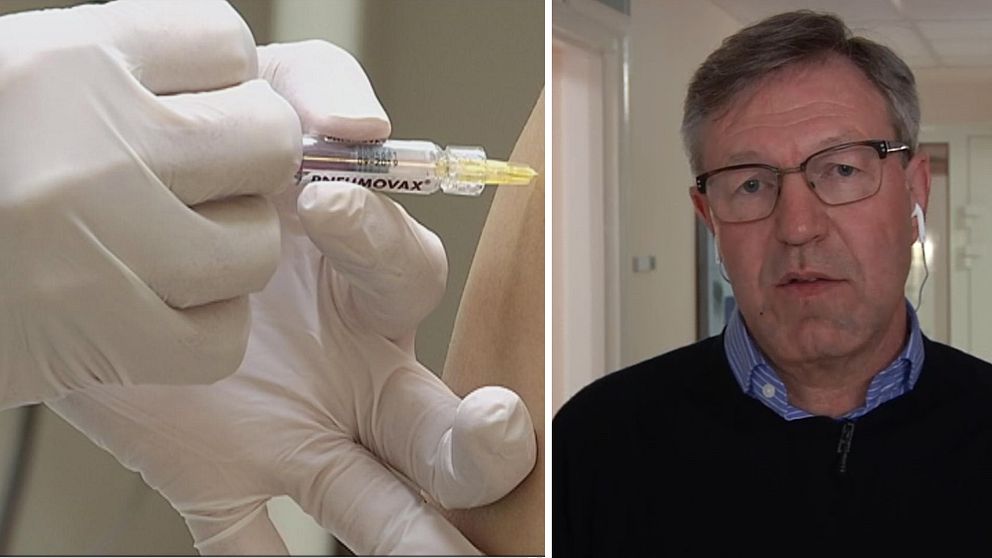En spruta med influensavaccin ges i en arm. Smittskyddsläkaren Anders Lindblom intervjuas.