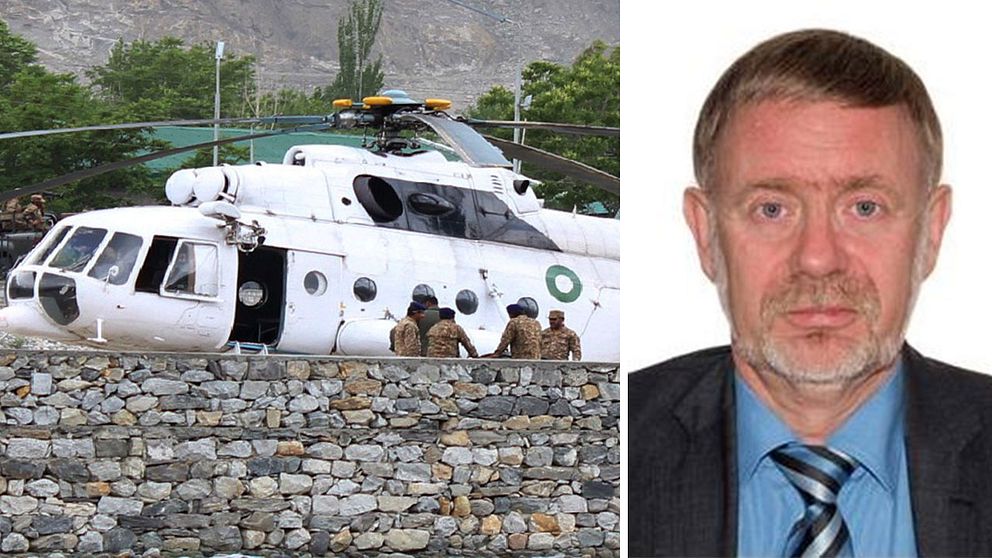Pakistanska militärer är samlade vid en arméhelikopter vid det militärsjukhus dit offren för en helikopterkrasch fördes för behandling. Sex personer, inklusive den norske ambassadören i Pakistan, Leif H Larsen, dödades i kraschen i norra Pakistan.