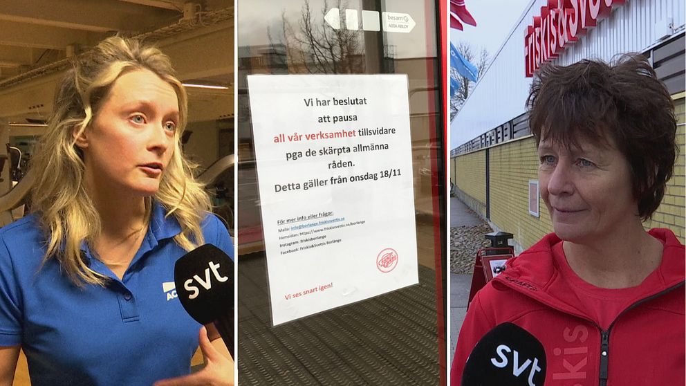 två kvinnor inom gymvärlden och en skylt på att friskis&svettis håller stängt.