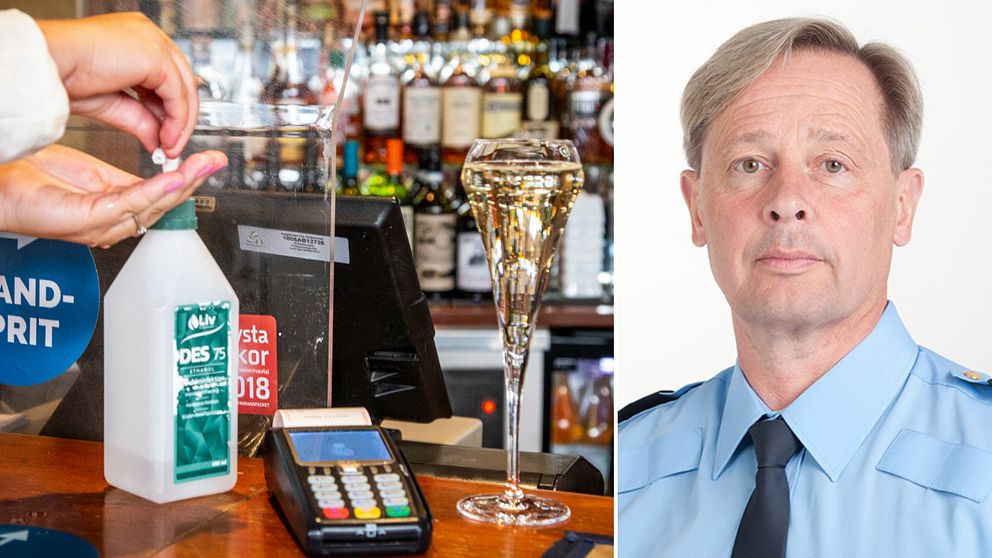 Till höger: Två händer tar handsprit i en bar, intill står ett glas på hög fot. Till vänster: en bild på polisens presstalesperson Thomas Fuxborg.
