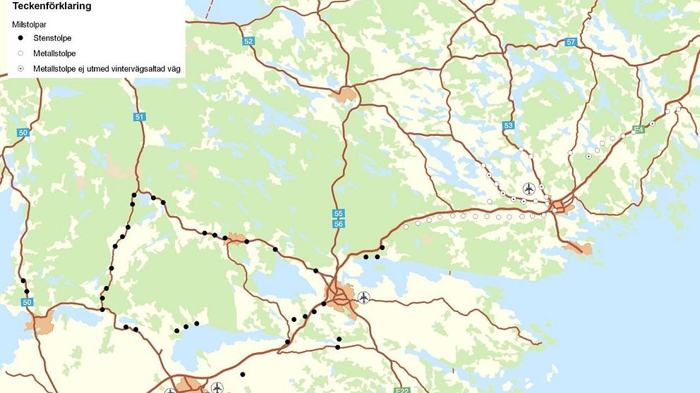 Karta över undersökta milstolpar i Sörmland och Östergötland