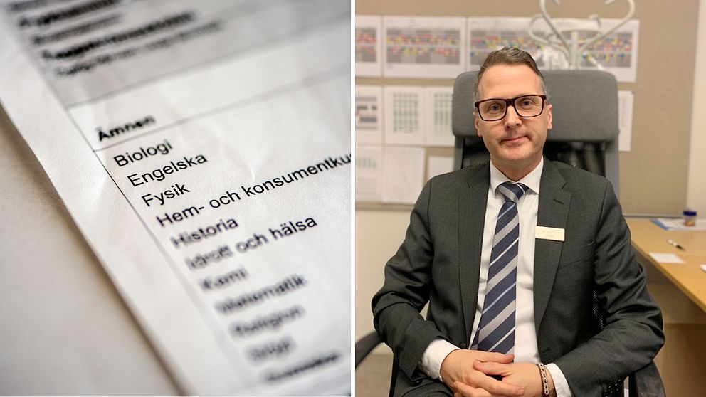 Tv en bild på ett grundskolebetygsdokument. Till höger sitter Damian Brunker i sitt arbetsrum med händerna knäppta i knät.