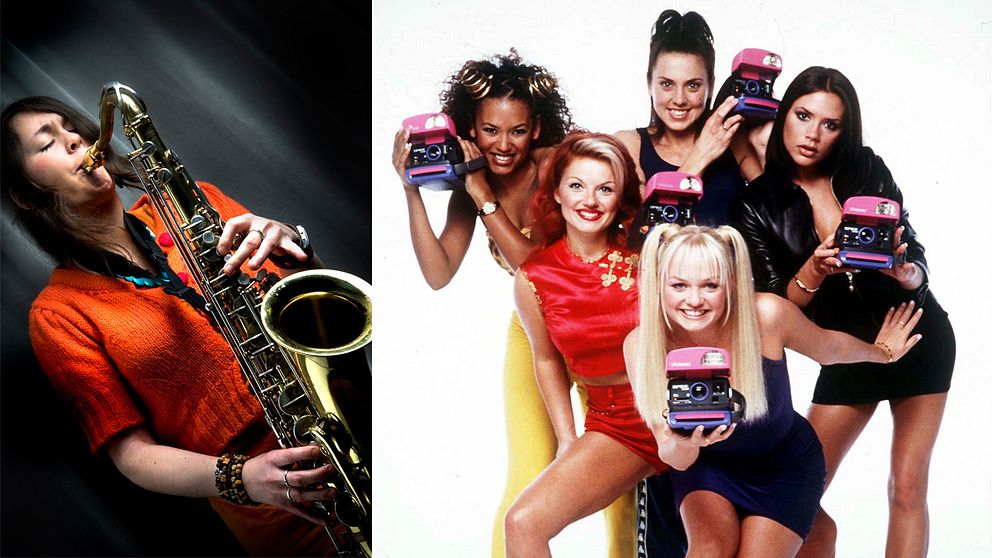Jazzmusikern Elin Larsson bredvid popbandet Spice Girls.