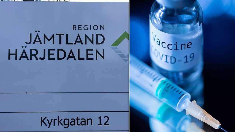 Dubbelbild. Till vänster skylt med texten ”Region Jämtland Härjedalen. Till höger bild på glasfaska med texten ”vaccine covid-19” och en spruta bredvid.