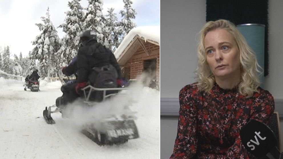 Bild på två skotrar till vänster – till höger bild på Johanna Ögren när hon intervjuas av SVT. Iklädd en mönstrad tröja och blont hår.