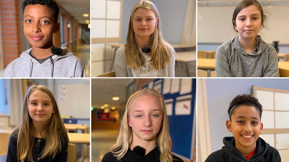 Porträtt på sex barn i åk 4–6 i klassrum eller skolkorridor.