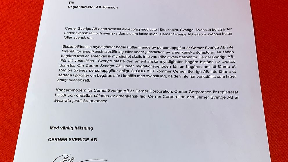 Här intygar Cerner till regiondirektör Alf Jönsson att de inte kommer lämna ut några skånska patientuppgifter om amerikanska myndigheter skulle begära det.