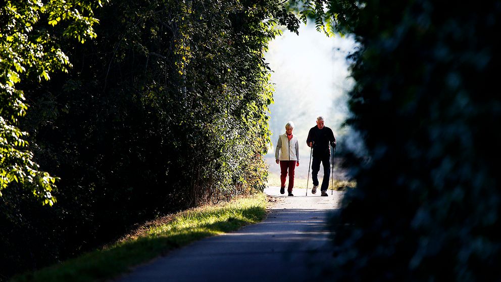 Billden visar en kvinna och en man på promenad. Mannen använder stavar.