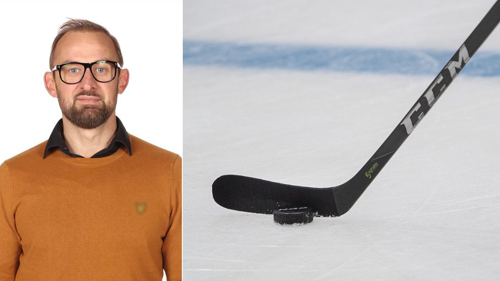 Bilden är ett collage. Den vänstra bilden är en porträttbild på Vimmerby Hockeys sportchef Morgan Persson, han har svarta glasögon och en brunorange tröja på sig. Den högra bilden är en bild på en hockyklubba och en puck på is.