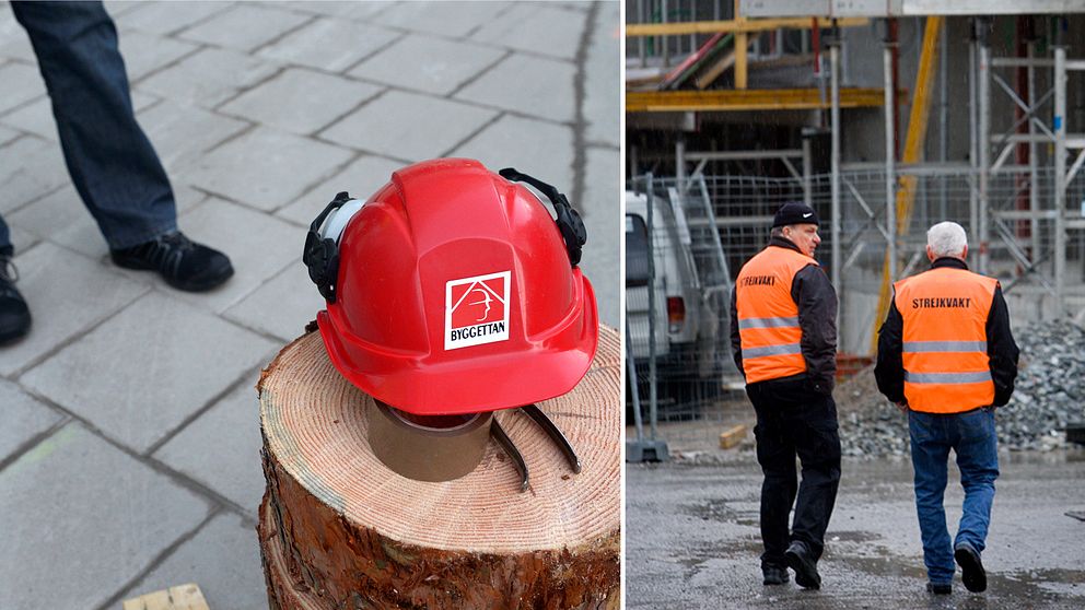Bilden visar en röd hjälm på en byggarbetsplats samt två personer med orangea västar med ordet ”strejkvakt” tryckt på ryggen.