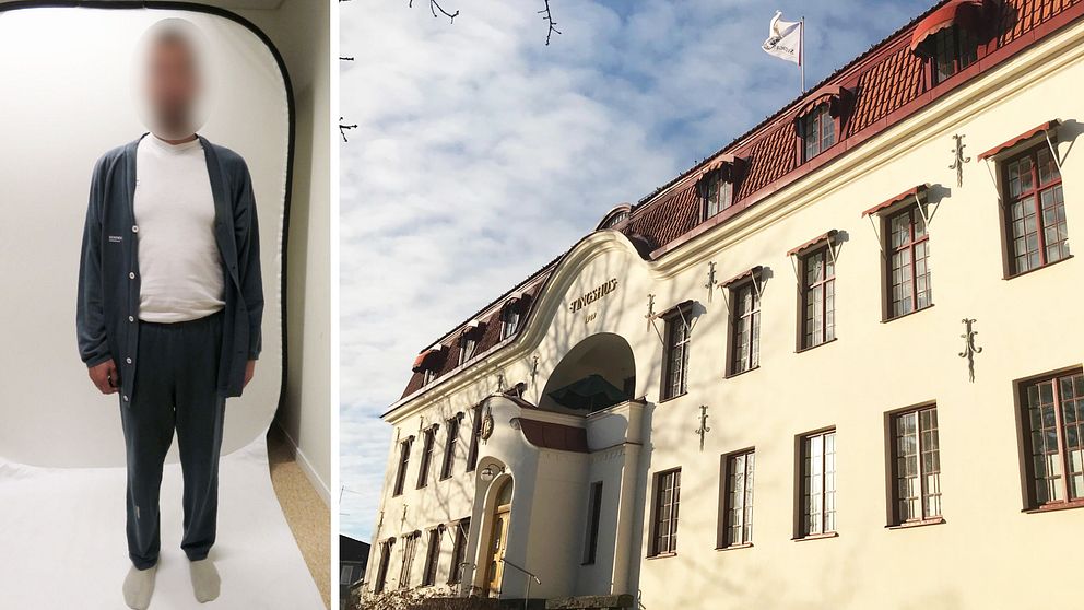 Splitbild. Vänster del: En man med censurerat ansikte. Höger del: Hudiksvalls tingsrätt.